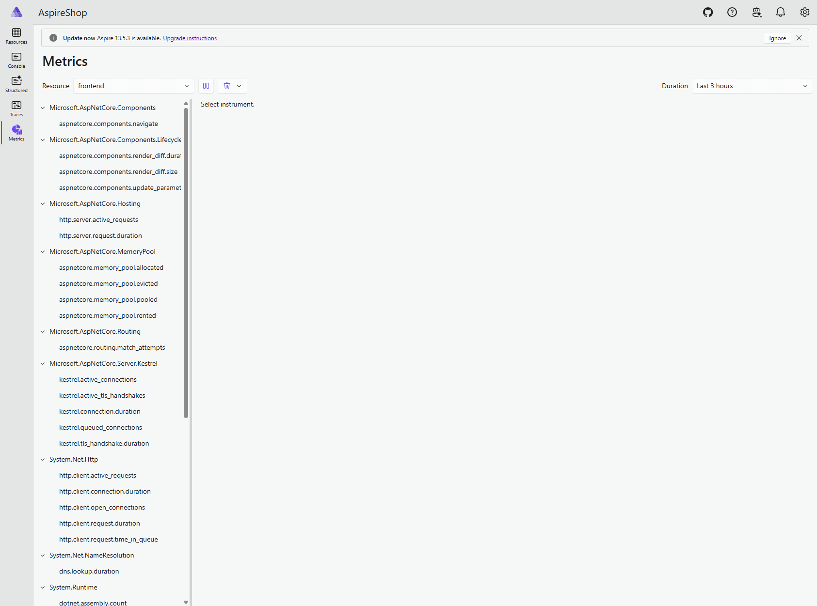 Aspire Dashboard frontend metrics showing available instrument groups and measurements