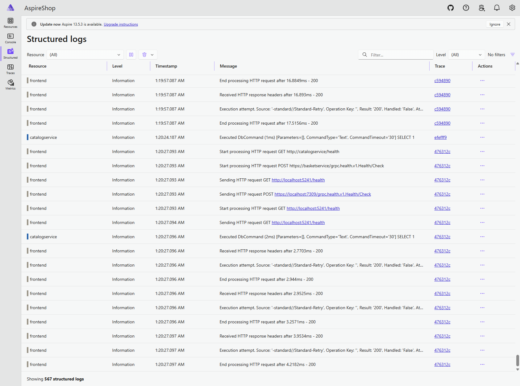 Aspire Dashboard structured logs showing frontend request activity and trace correlation