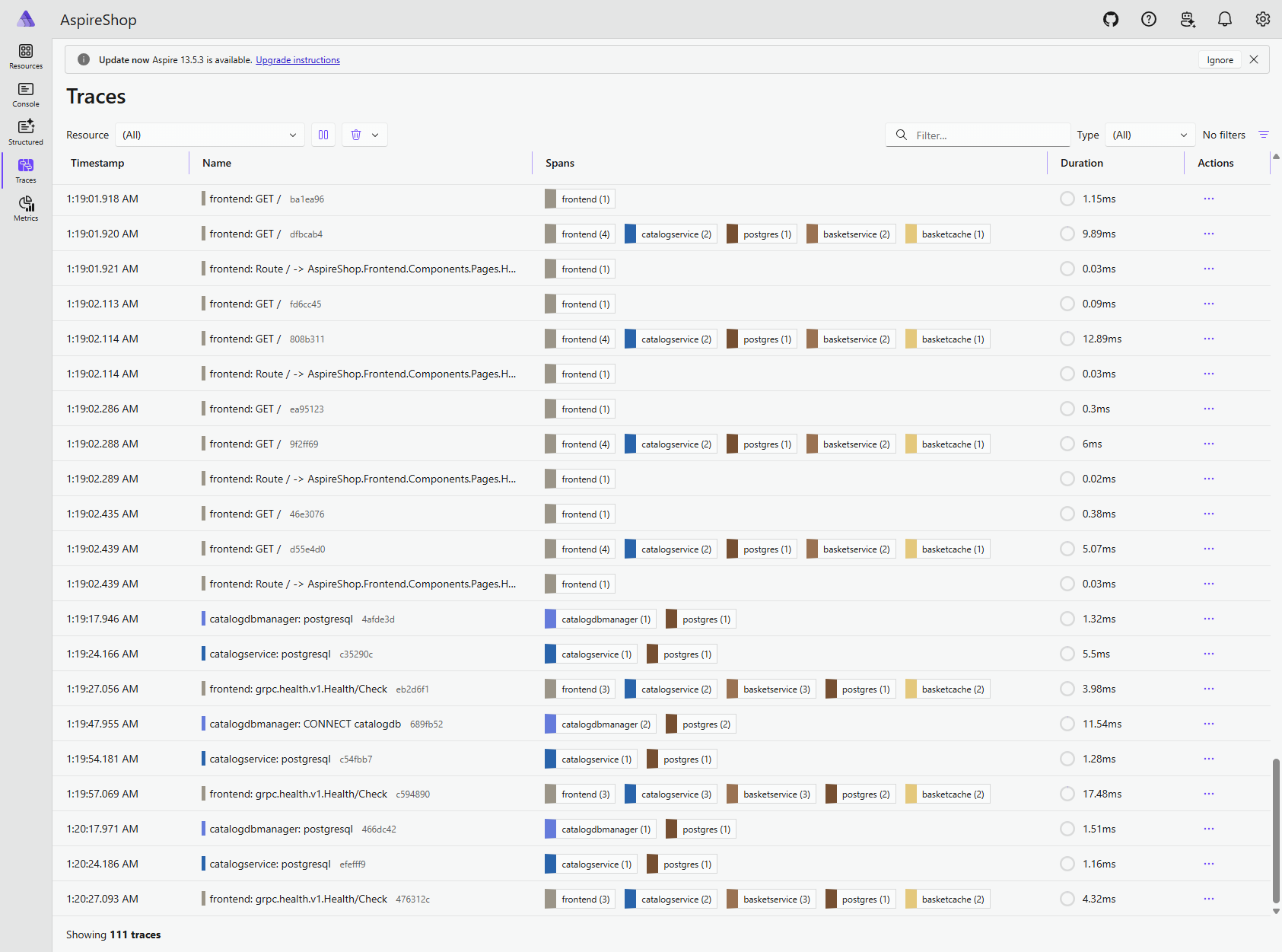 Aspire Dashboard traces showing distributed spans across application services and infrastructure