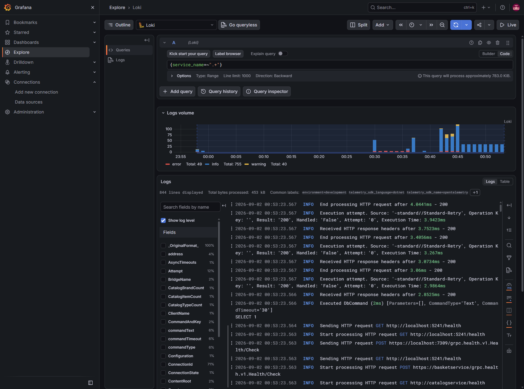 Loki Explore showing application logs