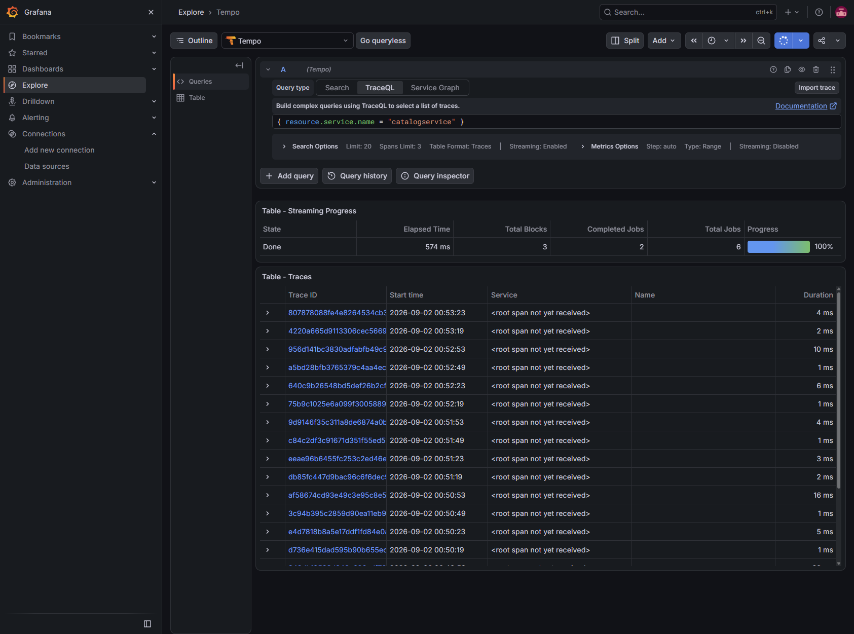 Tempo trace search showing catalog service traces